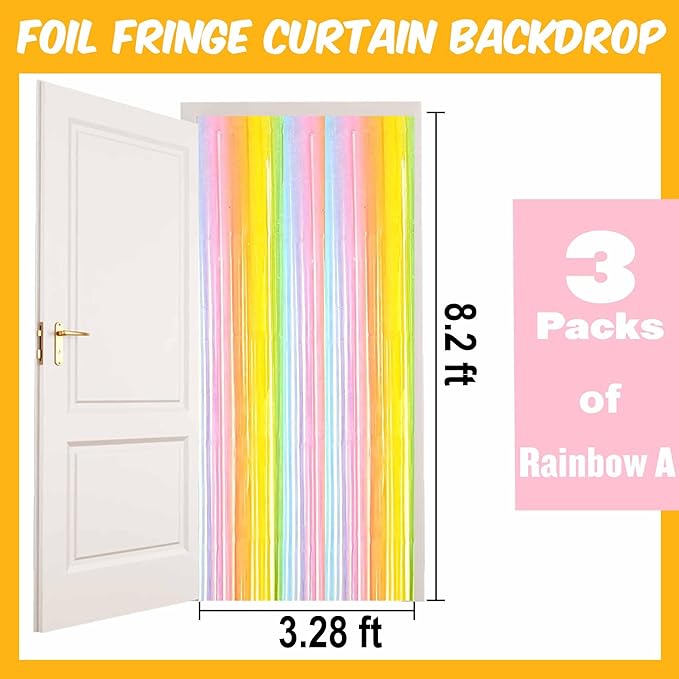3 Pack Rainbow A Foil Fringe Curtains Backdrop, 3.28 x 8.2 Ft Metallic Streamers Tinsel Curtains Background for Photo Booth, Birthday, Christmas, Halloween, Thanksgiving, New Year Party Decorations