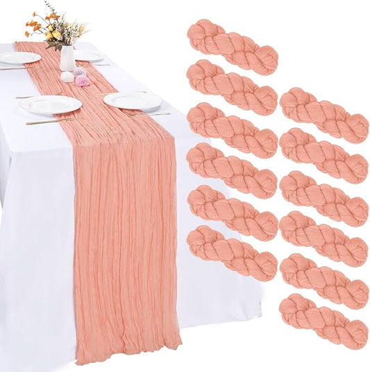 RestfulGlow12 Pack Peach Cheesecloth Table Runner 10FT Boho Gauze Fabric Table Runner 35 x 120 Inch Rustic Sheer Runner for Centerpiece Wedding Decor Baby Shower Party Boho Table Decoration