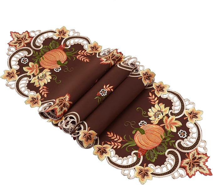 Simhomsen Brown Embroidered Thanksgiving Harvest Pumpkins Table Runners for Autumn Or Fall Decorations (14 × 89 Inches)
