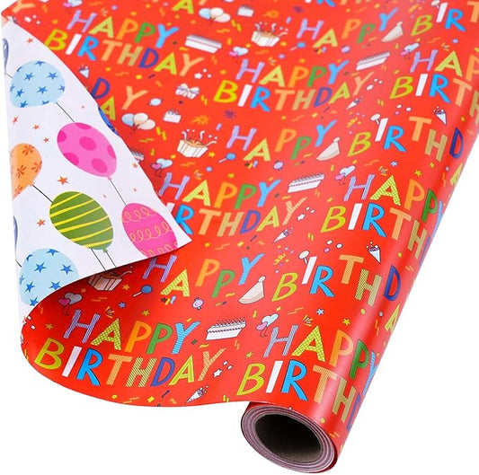 Reversible Birthday Wrapping Paper - Mini Roll - 17 Inches X 33 Feet - for Boys Girls Kids - Happy Birthday Lettering and Colorful Balloons Design for Women Men Baby Shower Holiday