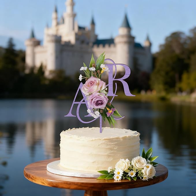 Wedding Cake Topper with 3D Artificial Flowers and Green Leaves Custom Initials Personalized Wooden Anniversary Cake Decoration (Lavender)