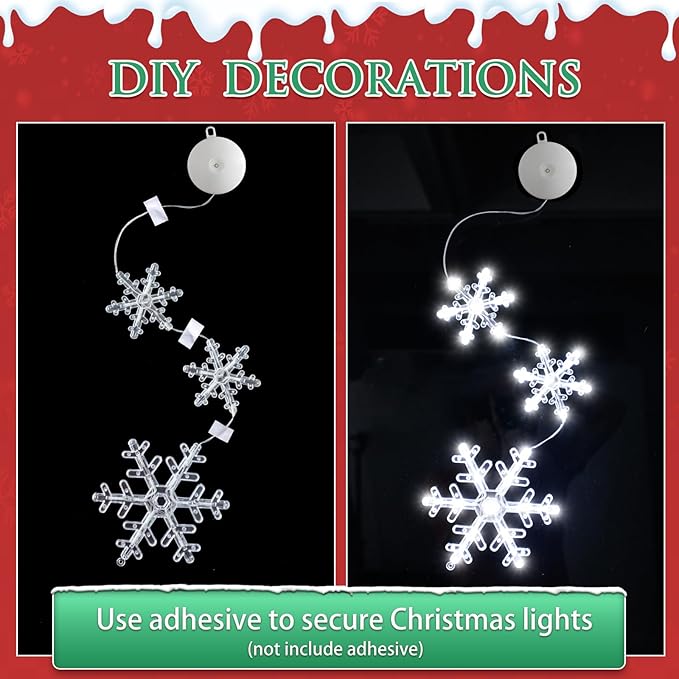 3Pack Christmas Window Lights Decorations with Timer, Battery Powered Christmas Hanging White Lighted Snowflake Shaped LED Sucker String for Xmas Tree Fireplace Indoor Decor