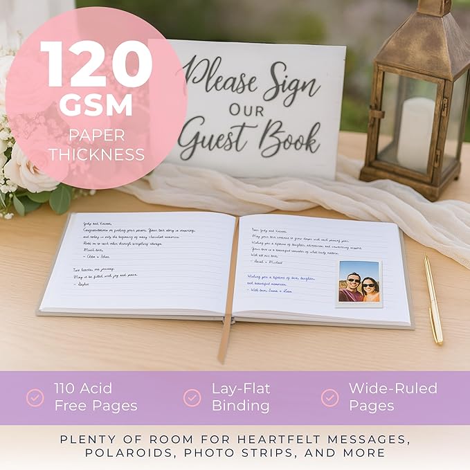 Promot Personalized Guestbook for Party (Champaigne Beige) - 110 Lined Pages in Wood-Free Vegan Leather Hard Cover - Wedding Guest Book Sign in and Photos, Baby Shower, Birthday or Graduation