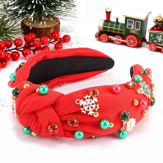 TODDER Red Christmas Knotted Headband, Santa Trees Embellished Pearl Rhinestone Headband for Women and Girls Christmas Hair Accessories Costumes and Gifts for Themed Parties and Holiday