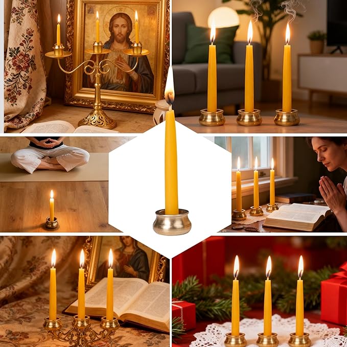 70Pcs Beeswax Candles 30 Minute Meditation Candles, Mini Taper Candles with Brass Candle Holders, Prayer Candle Gift for Yoga Relaxation
