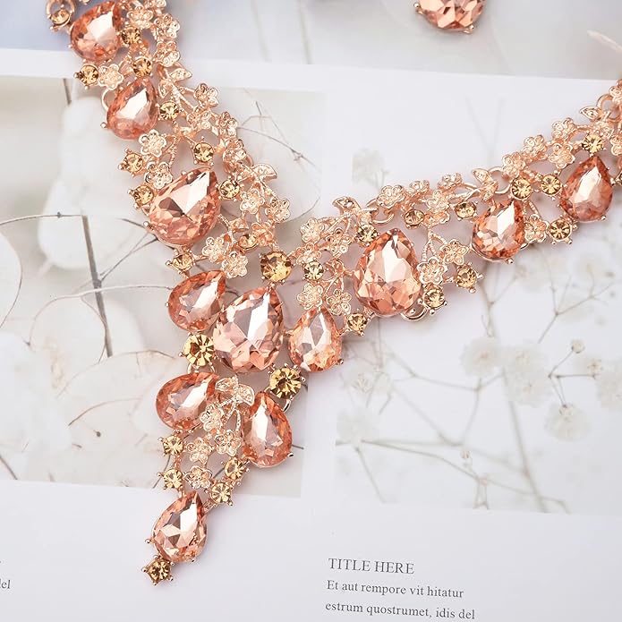 CSY Elegant Crystal Costume Jewelry Sets Flower Bridal Necklace Earrings Stretch Bangle Set for Bride Bridesmaid Wedding Dress Accessories
