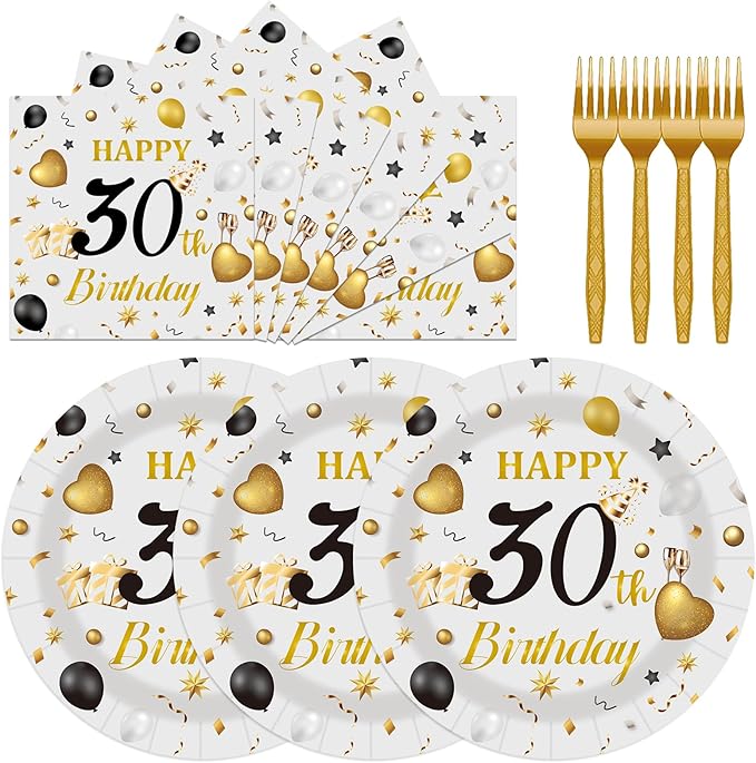 75PCS 30th Birthday Plates and Napkins Party Decorations, 7 Inch Premium Grey and Gold Happy Birthday Plates and Napkins Disposable Tableware Set 30 Year Old Birthday's Party Decor Women Men Her Him