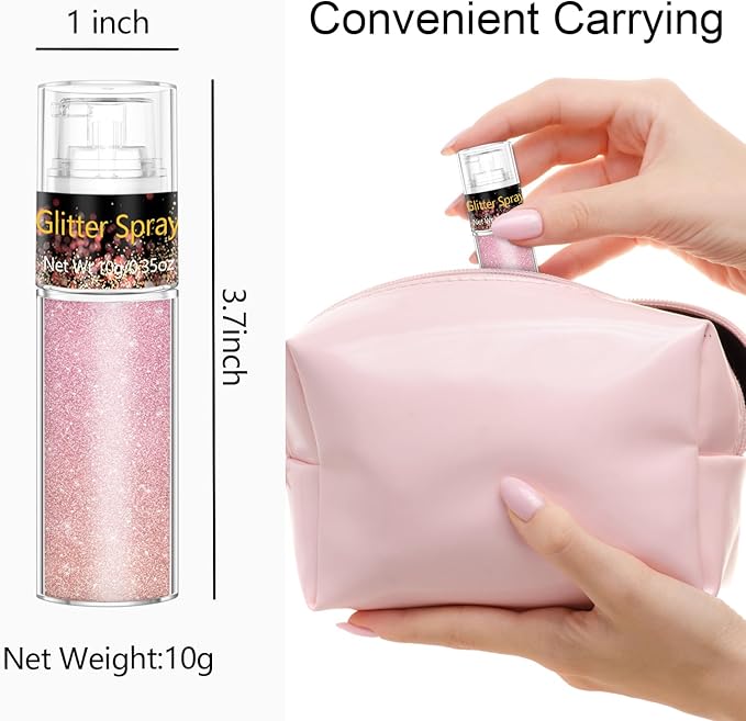 Rose Pink Hair and Body Glitter Spray 10g, Ultra Fine Shimmer Mist for Prom, Wedding, Date Night, Face Body Makeup Glow, Festival Sparkle Powder, Craft Nail Art Decoration