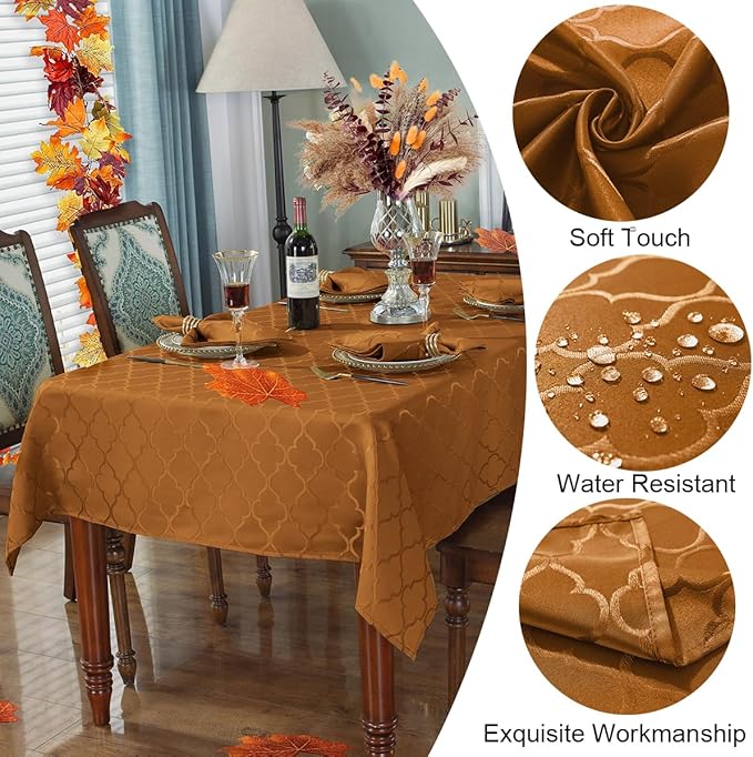SASTYBALE Brown Damask Jacquard Tablecloth - 52x70 Inch Rectangle/Oblong (4-6 Seats) - Water Resistant, Wrinkle-Free Durable Fabric - Fall Thanksgiving & Christmas Daily Table Cover