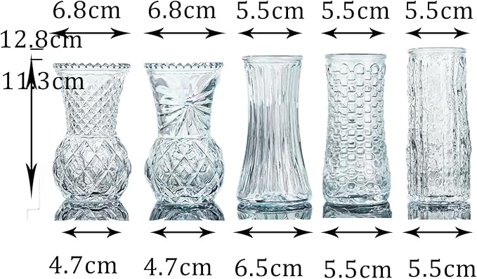 Glass Bud Vase Set of 5: Eylkoi Clear Vases for Centerpieces Decorative, Vintage Embossed in Bulk Crystal Textured Cute, Wedding Decor Mini Flower Floral Vase for Rustic Wedding, Home Table, Party