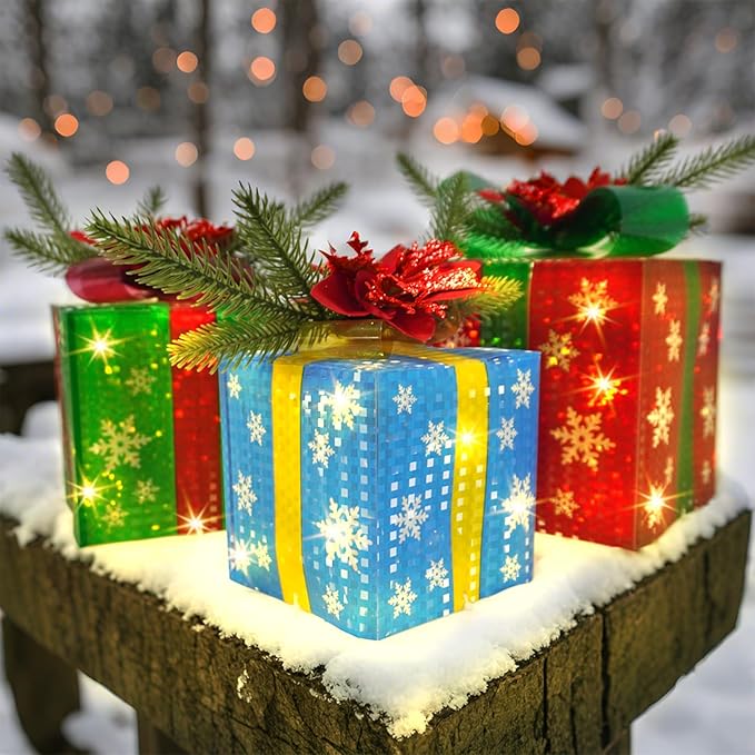 3 Pcs Christmas Lighted Gift Boxes with Bow 60 LED Battery Operated Pre-lit Present Box Decorations for Xmas Holiday Home Outdoor Yard