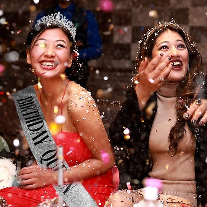 AOPRIE Birthday Crown for Women Happy Birthday Queen Sash Silver Tiara for Women Princess Crown Rhinestone Accessories Party Favor