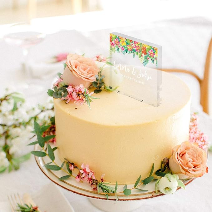 Andaz Press Tropical Beach Floral Custom Wedding Cake Topper, Acrylic Square Personalized Couple Cake Topper