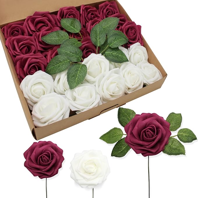 Artificial Flowers Realistic Roses, Real Looking Fake Roses with Stem for DIY Wedding Bouquets Centerpieces Bridal Shower Party Home Romantic Decorations (White & Wine Red, Regular 3" - 200pcs)