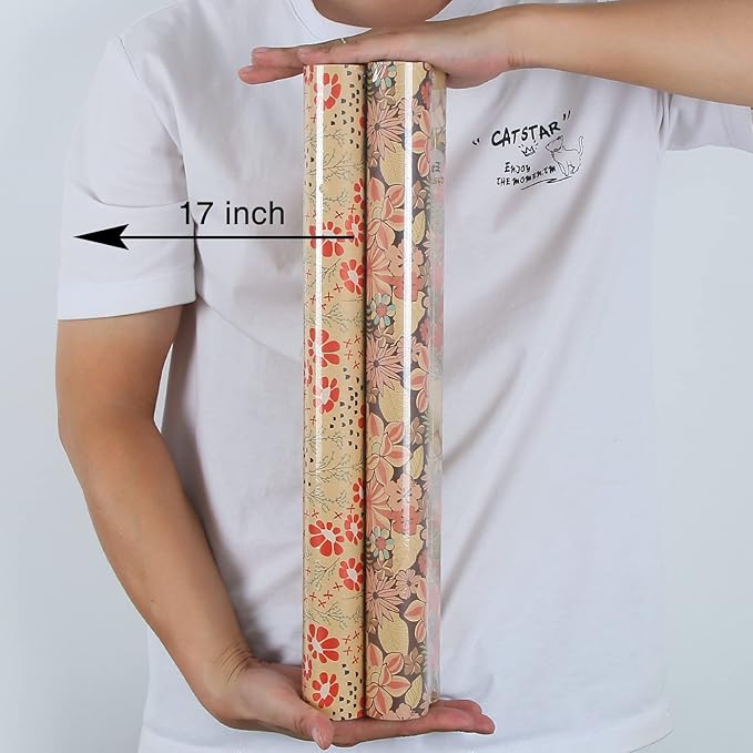 Aimyoo Kraft Floral Wrapping Paper Bundle, Vintage Sunflower Flower Gift Wrap Paper for Wedding Bridal Shower Birthday Rolls of 4, 17 in x 10 ft per Roll