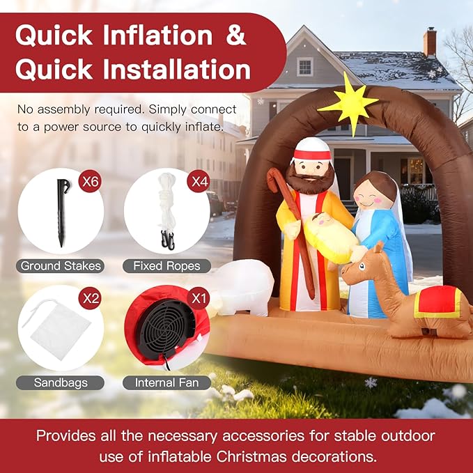 8FT Christmas Inflatables Nativity Scene Decorations Outdoor，Blow Up Nativity Scene with Built-in LEDs Lights for Indoor Holiday Party Yard Garden Lawn Décor