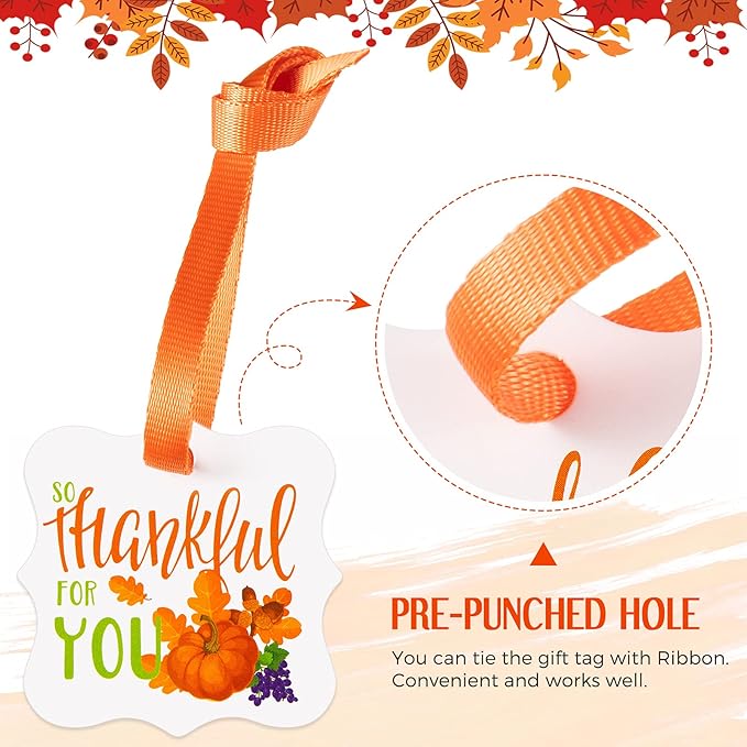 50 Pieces Thanksgiving Paper Tags Thank You Favor Tags Happy Thanksgiving Hanging Labels Decorative Fall Paper Tag with Rope for Autumn Party Favors(Pumpkin)