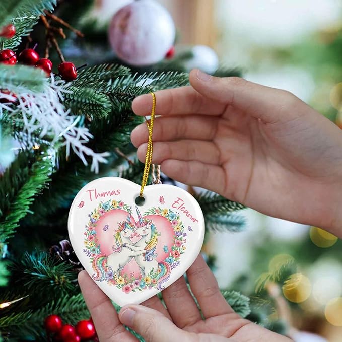 Unicorn Lovers Ornament Christmas 2025, Personalized Names Unicorn Couple Flowers Keepsake Xmas, Valentine Engaged Ornament Gifts for Men Women, Custom Couple Unicorns Together Ceramic Ornaments