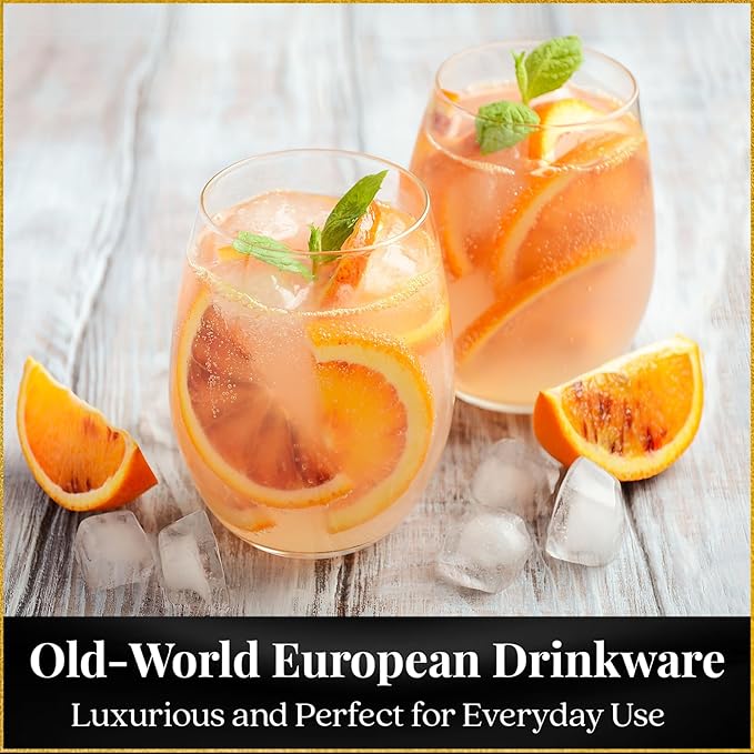 Improved Edition of Our 2017 New York Times Best Stemless Glass – Set of 6 European-Made Stemless Wine Glasses, Reinforced Base for Added Stability & Premium Feel, Dishwasher-Safe, Lead-Free, 17 oz.