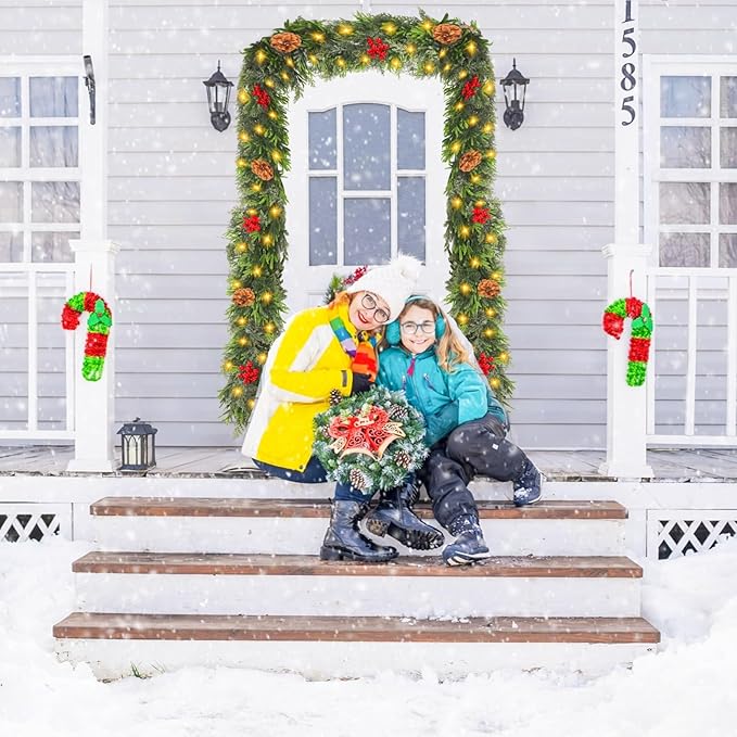 6FT Lighted Christmas Cedar Cypress Garland, Soft and Lush Pine Garland with 50 LEDs,Pre-lit Xmas Battery Operated with Timer for Outdoor Indoor Fireplace Mantle Stair Railings