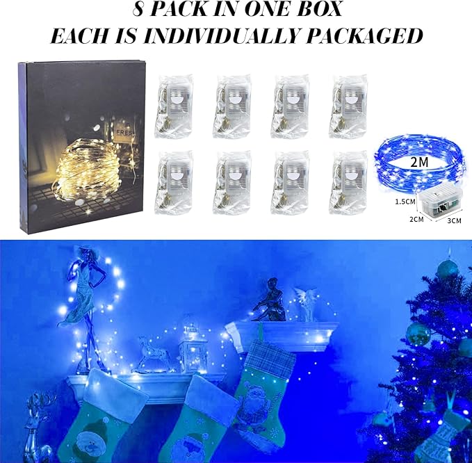 ZGWJ 8 Pack Fairy Lights Battery Operated, 7ft 20 Mini LED Fairy String Lights Silver Wire 3 Modes for DIY, Parties, Wedding, Bedroom, Halloween Christmas Decoration Blue