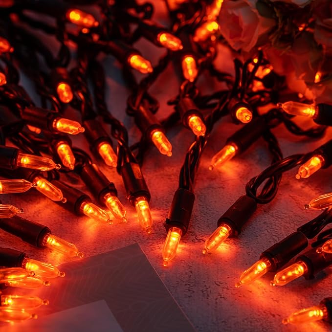 YULETIME Orange LED Christmas Lights with Black Wire, 33 ft 100 Count UL Certified Commercial Grade Halloween String Light Set (Orange - Black Wire)