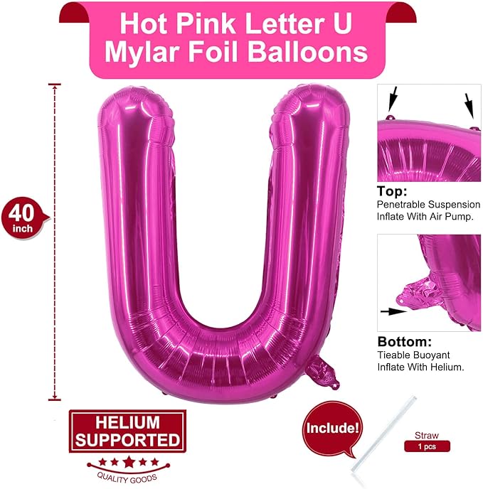 Lovoir 40 Inch Large Hot Pink Letter U Balloons Big Size Jumbo Mylar Foil Helium Balloon for Birthday Party Celebration Decorations Alphabet Hot Pink U