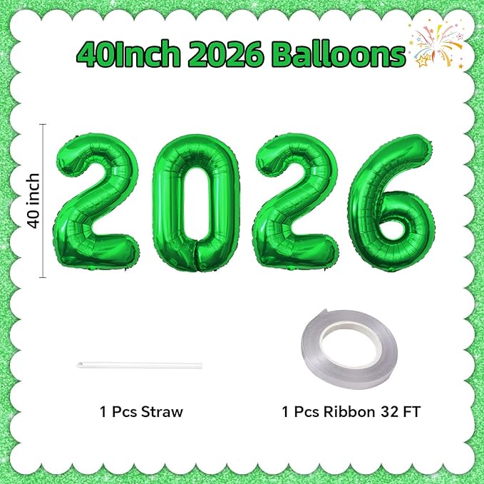 KALOR 42 Inch 2026 Green Foil Mylar Number Balloons, Giant 2026 New Years Decorations for 2026 Happy New Year Eve and Graduations Party Supplies
