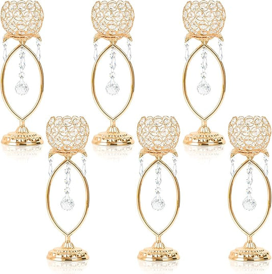 6 Pcs Gold Elegant Metal Crystal Tea Light Candle Holders with Crystal Pendants, Hollow Design - Wedding Table Centerpieces for Anniversary Birthday Party, Home Decor