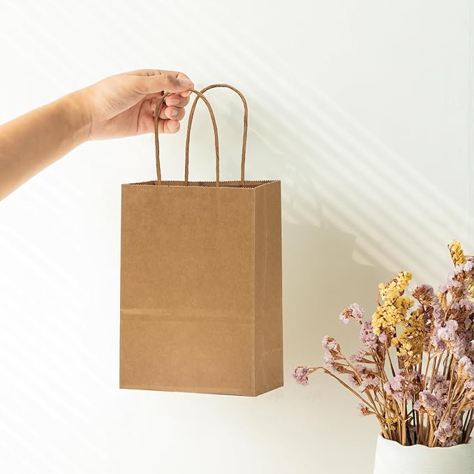 FACEBAG 100-Pack 5.25x3.25x8 Inches Small Gift Bags with Handles, Kraft Brown Paper Bags with handls bulk for Party Favors，Birthday shopping & Retail，Reusable & Durable