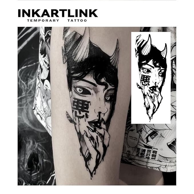 INKARTLINK Temporary Tattoos, 2 Sheets Medium Semi Permanent Tattoo Adult Art Design Waterproof Temp Tattoo Party Favors Realistic Look, No Adhesive, No Reflection, Lasts 1-2 Weeks (Evil Woman)