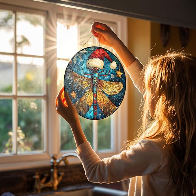 Damselfly Dragonfly Stained Glass Window Hanging Decor - Damselfly Dragonfly Christmas Hanging Ornament - Damselfly Dragonfly Christmas Decor - Wall Decor for Indoor Outdoor - Xmas Gift for Home Decor