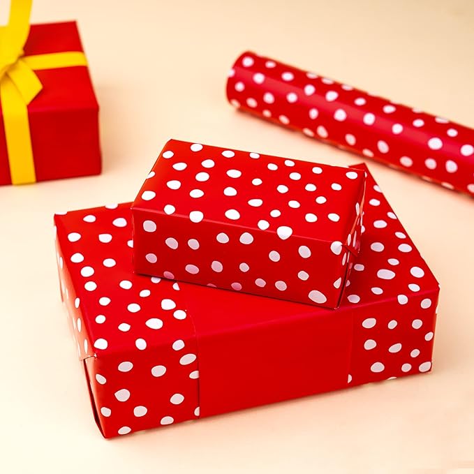 WRAPAHOLIC Reversible Wrapping Paper - Mini Roll - 17 Inch X 33 Feet - Red and Delicate Polka Dots Design for Birthday, Holiday, Wedding, Baby Shower