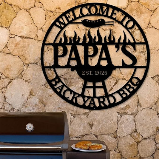 Custom Backyard BBQ Metal Sign, Personalized Papa’s Grill and Barbecue Plaque with Fire Pit Design, Outdoor Patio Yard Wall Decor, Rustic Metal Wall Art, Gift Idea for Birthday, Christmas, Holiday