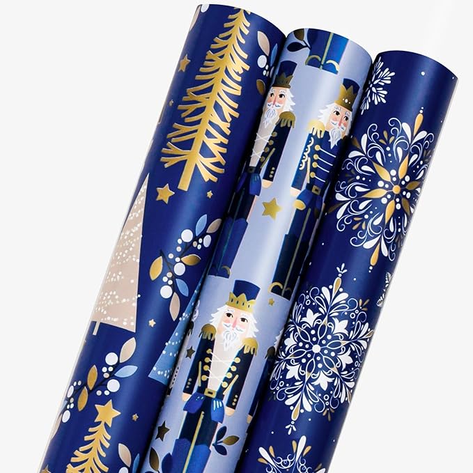 MAYPLUSS Nutcracker Christmas Gift Wrapping Paper - 17 In x 120 In Per Roll - Reversible Magic Navy Nutcracker, Midnight Snowflake, Tree Design Seasonal Gift Wrap Paper for Holiday, Christmas Ornament