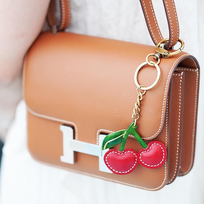 Handmade Genuine Leather Cherry Keychain - Cute Red Fruit Keyring for Women Girls, Fashion Bag Purse Charm Accessory Gift(Unisex Gift)