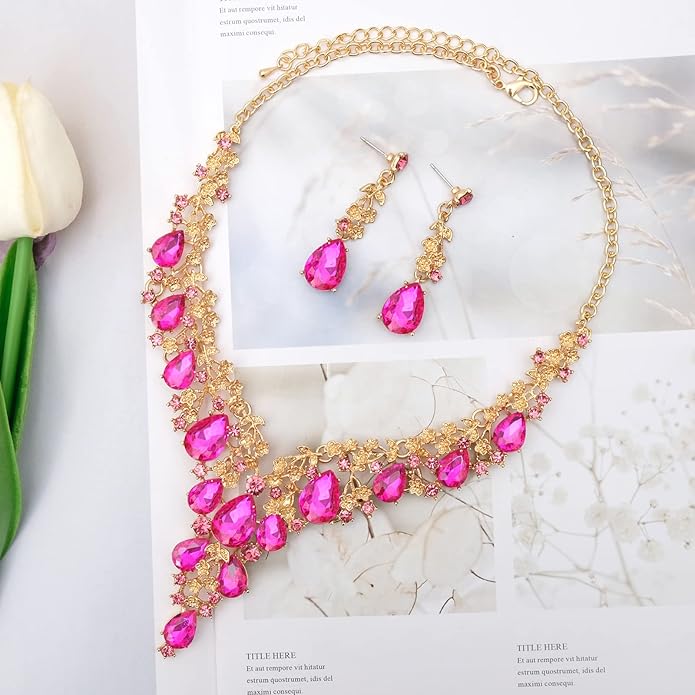 CSY Elegant Crystal Costume Jewelry Sets Flower Bridal Necklace Earrings Stretch Bangle Set for Bride Bridesmaid Wedding Dress Accessories