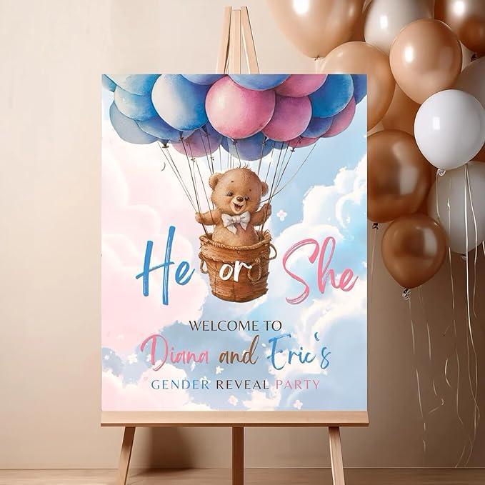 Gender Reveal Welcome Sign – Teddy Bear Balloon Theme,Personalized Teddy Bear Gender Reveal Welcome Sign, He or She Yard Sign, Boy or Girl Gender Reveal Sign, We Can Bearly Wait Gender Reveal .8