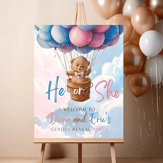 Gender Reveal Welcome Sign – Teddy Bear Balloon Theme,Personalized Teddy Bear Gender Reveal Welcome Sign, He or She Yard Sign, Boy or Girl Gender Reveal Sign, We Can Bearly Wait Gender Reveal .8