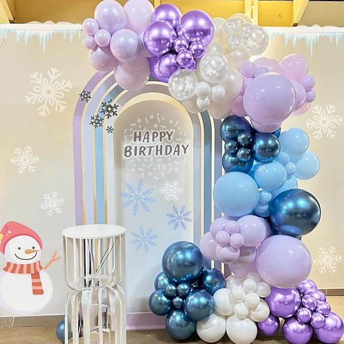 Blue Purple Snowflake Balloons Set, 12 Inch Metallic Blue Purple Balloon Snowflake Confetti Latex Balloons Metallic Silver Girls Birthday Party Decoration for Children Winter Birthday Party Supplies