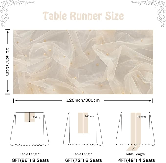 Fanami 3 Pack Pearl Table Runner -10FT Champagne Gold Boho Tulle Table Runners 120 Inches Long Rustic Sheer Lace Fabric Centerpieces for Wedding Arch Birthday Party Bridal Veil Baby Shower Decorations