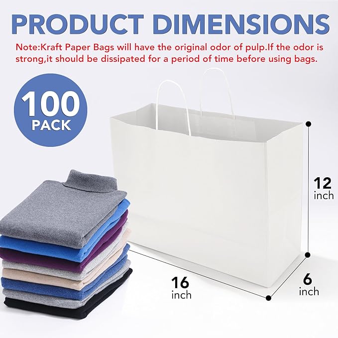 XPCARE 100Pcs 16x6x12 Inches Large Paper Bags with Handles Kraft Paper Bag Gift Bags with Handles Shopping White Paper Bag for Business Merchandise Wedding Party Favors