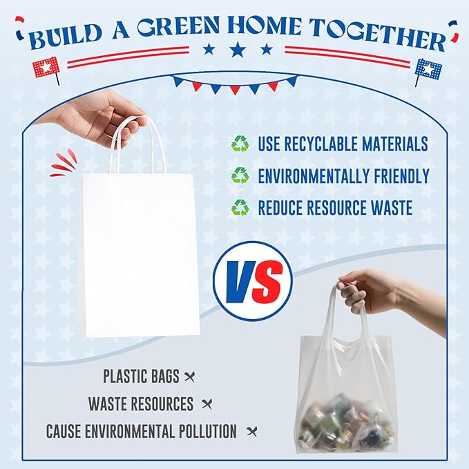 MESHA Gift Paper Bags 200 PACK 8x4.25x10.5'' White Medium Shopping Kraft Bags Bulk with Handles Reusable for Business Grocery Birthday Wedding Kids Party Favors(Made in USA)