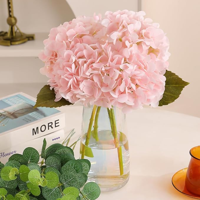 Tifuly Fake Hydrangea Artificial Flowers with Vase 4pcs Real Touch Faux Hydrangea with 3pcs Eucalyptus Stems for Wedding Centerpiece Home Party Table Decoration（Pink）