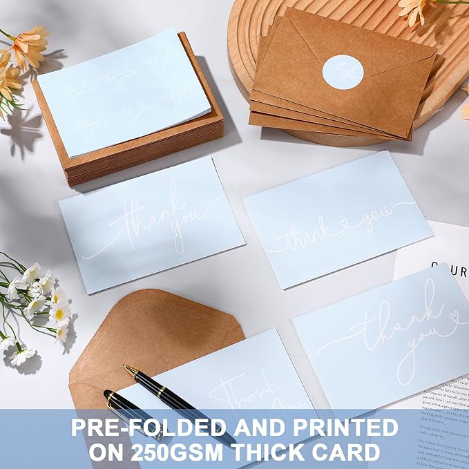 Teling 200 Set Thank You Cards with Envelopes Bulk, 6 x 4 Inch Blank Thank U Greeting Notes with Brown Kraft Envelopes Stickers Thankyou Card Set for Graduation Wedding Birthday Baby Shower(Blue)