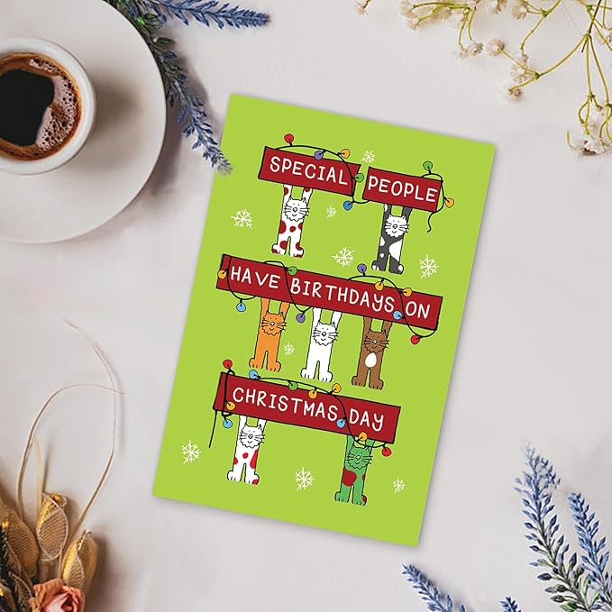 Funny Cat Christmas Birthday Card, December Birthday Card for Cat Lover, Holiday Bday Card Gift Idea for Friends Family