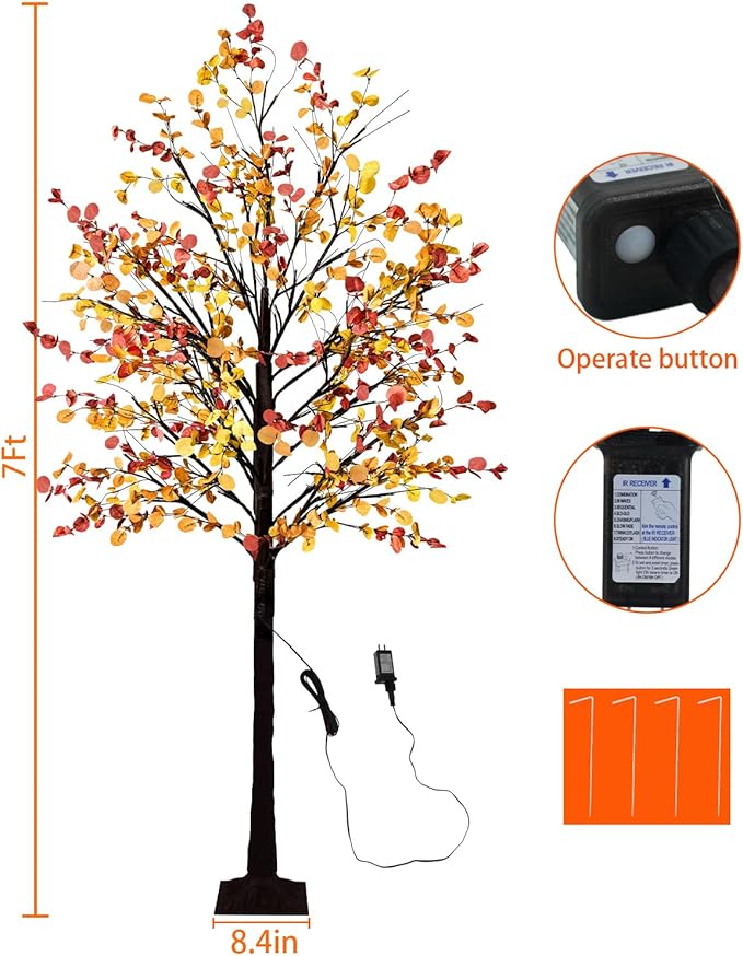 Lighted Fall Eucalyptus Tree, 7FT Faux Fall Tree with 128 Led Lights Artificial Autumn Light Up Eucalyptus Tree for Indoor Outdoor Harvest Fall Thanksgiving Decor