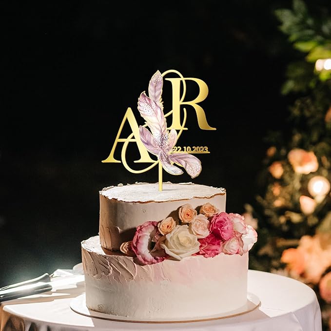 Personalized Boho Wedding Cake Topper in Acrylic Custom Bride and Groom Initial Cake Topper Wedding Date Cake Decoration (Boho Feather)