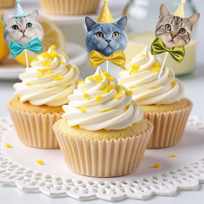 24 Pcs Adorable Cat Cupcake Topper,8 Unique Designs About Cute Cats with Party Hats Cupcake Decorations for Cat Theme Birthday Party Supplies