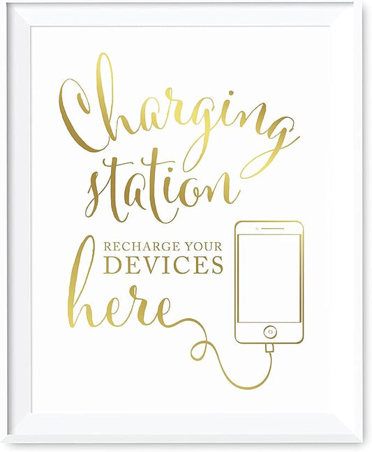 Andaz Press Wedding Party Signs, Metallic Gold Ink Print, 8.5x11-inch, Charging Station Snap Chat, Instagram and Tweet Away, Recharge Your Phone Here Sign, 1-Pack, Unframed